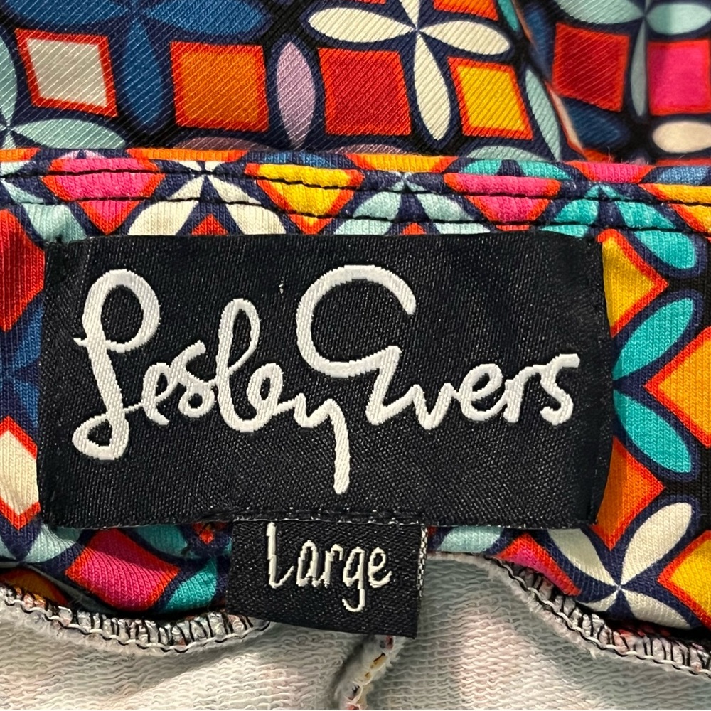 Lesley Evers Audrey Knit Pants Large Fioretta Colorful Geo Print Preppy Pockets - Picture 3 of 10